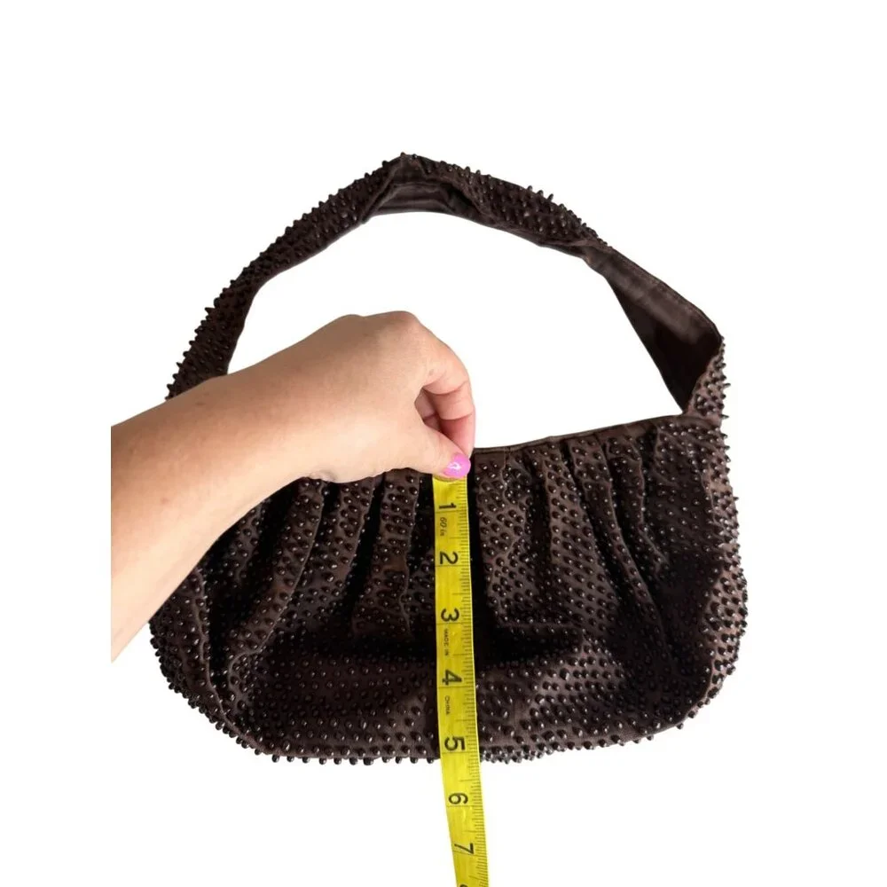 70s Brown Beaded‎ Shoulder Bag With Zipper Closure